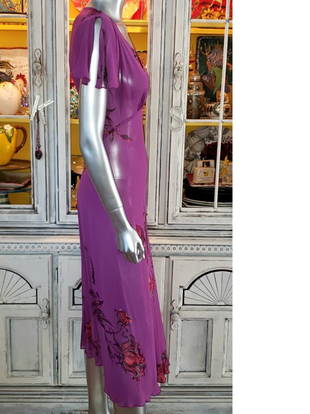 Vintage Betsey Johnson New York 90s Sheer Purple Floral Rose Midi Slip Dress - Picture 5 of 14
